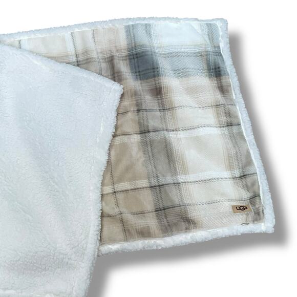 UGG King Plaid Pillowcase Sham Tan Gray Plush Sherpa Faux Fur Zipper Closure - Picture 2 of 13